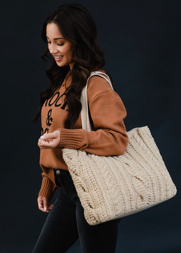 Panache Ready to Ship Cable Knit Tote Bag - Tan