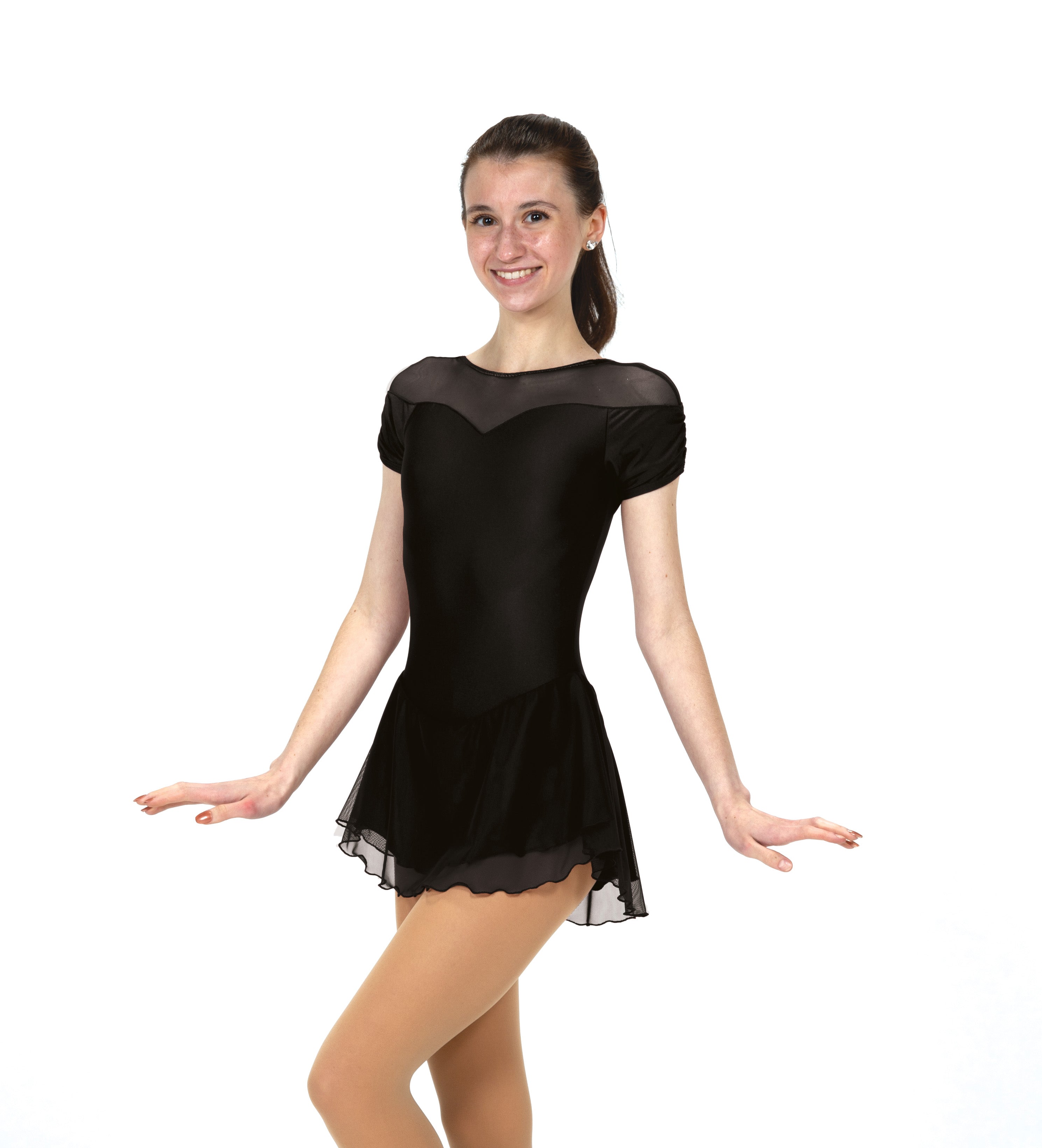 Solitaire Ready to Ship Shirred Sleeve Unbeaded Skating Dress - Black