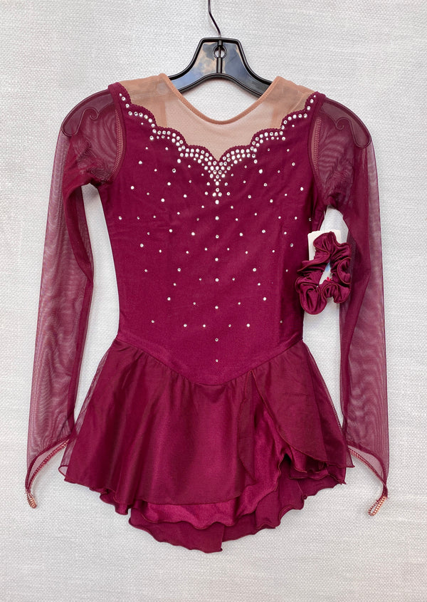 Solitaire Ready to Ship Scalloped Beaded Skating Dress - Bordeaux Solitaire Ready to Ship Scalloped Beaded Skating Dress - Bordeaux