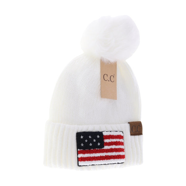 CC Beanie Ready Ship USA Flag Pom Hat