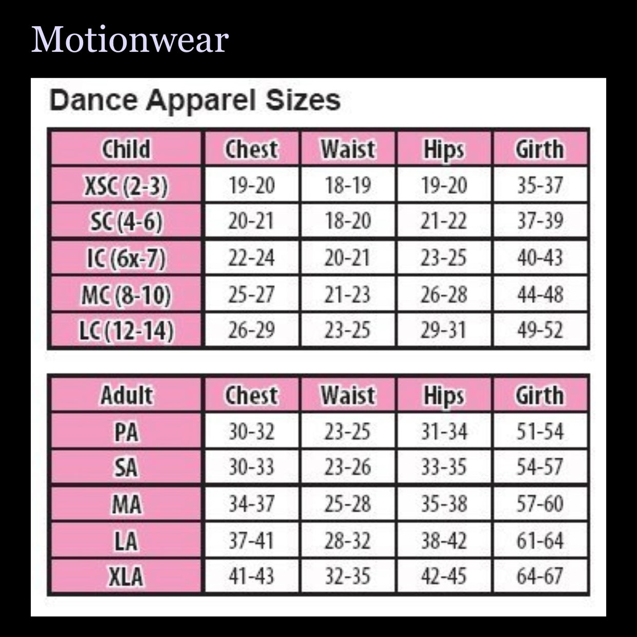 Size Chart | Northern Ice and Dance