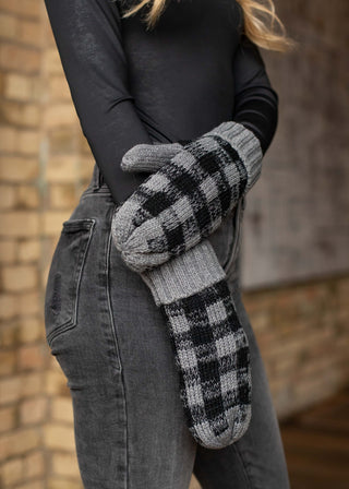 Ready to Ship Grey & Black Buffalo Plaid Knit Mittens - Northern Ice and Dance