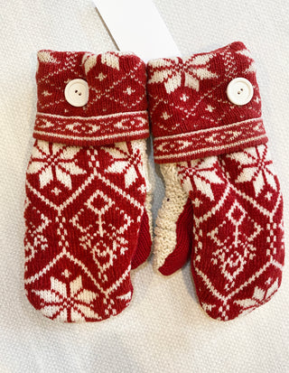 Made Again Upcycled Sweater Mittens - Red Snowflakes - Northern Ice and Dance